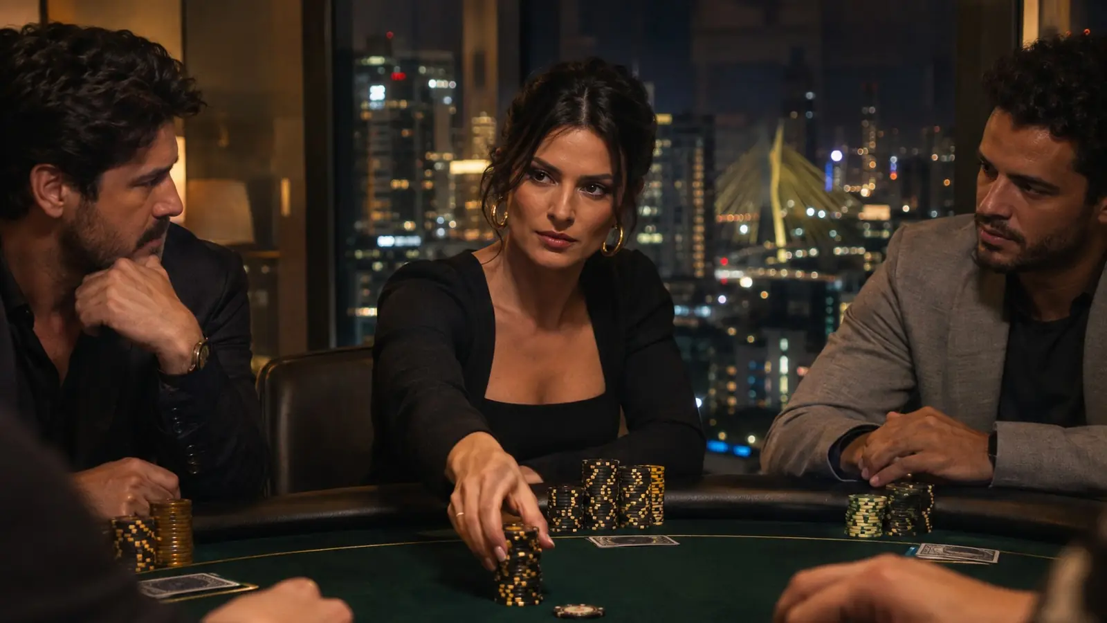 Mesa de poker à noite em um prédio de São Paulo, jogadora aumenta a aposta enquanto dois jogadores observam