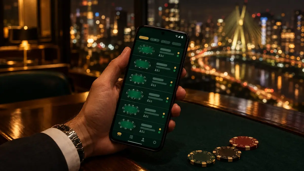 Mão segura um celular Android com o lobby de uma sala de poker sobre um balcão à noite