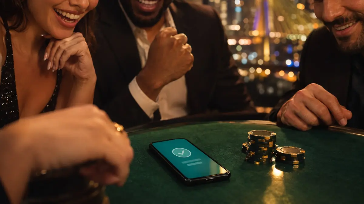 Celular com tela genérica de pagamento confirmado ao lado de fichas de poker